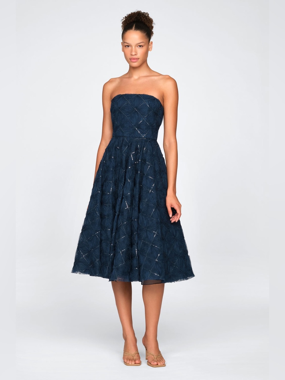 Theia Anna Strapless Navy Textured Tulle Tea-Length Dress